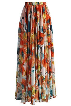 Annflat Women's Floral Printed Frill Chiffon Maxi Skirt