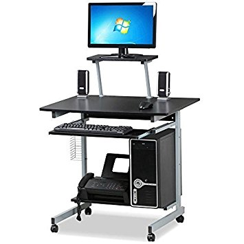 go2buy Small Spaces Computer Desk with Keyboard Tray Drawer and Printer Shelves Mobile Laptop Table Workstation with Monitor Stand on Wheels (Black)