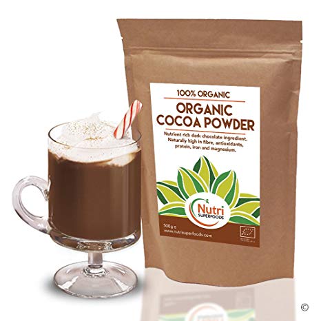 Cocoa powder, Organic vegan, pure dark chocolate ingredient, unsweetened, dairy free, ideal for baking, hot chocolate drinks and smoothies - 500g - By Nutri Superfoods