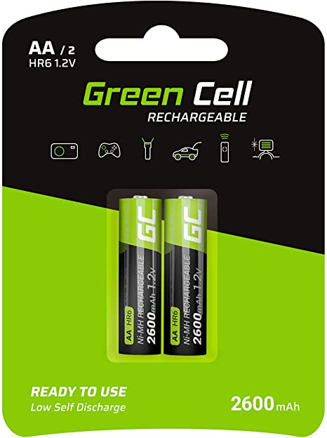 Green Cell 2600mAh 1.2V Type AA Pre-Charged Rechargeable Batteries, Pack of 2, Double A Ni-MH Batteries, High Capacity, Ready to Use, Low Self Discharge, Mignon Battery, Classic AA