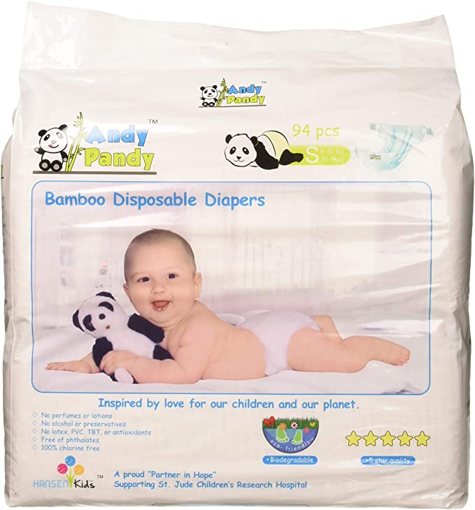 Eco Friendly Premium Bamboo Disposable Diapers by Andy Pandy - Small - for Babies Weighing 6-16 lbs - Small (Pack of 94)