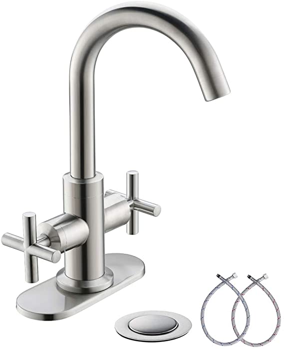 2-Handle 4 Inch Centerset Bathroom Faucet with Drain,Deck Plate and Supply Hoses by Phiestina, Brushed Nickel, Fit for Single Hole Or Three Hole,SGF03-10-BN