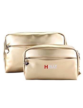 Holly LifePro 2pcs of Set Elegant PU Leather Handy Cosmetic Pouch Clutch Makeup toiletry Bag Travel Accessory Organizer(Gold）