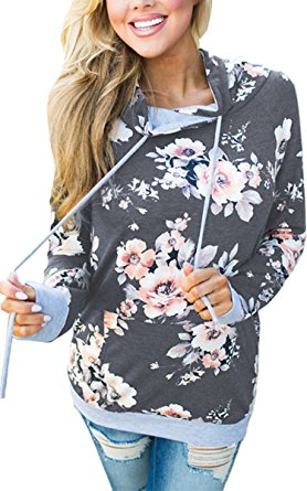 Angashion Women Hoodies-Tops- Floral Printed Long Sleeve Pocket Drawstring Sweatshirt With Pocket