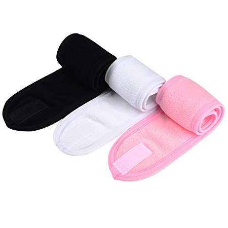 Whale Spa Facial Headband Make Up Wrap Head Terry Cloth Headband Stretch Towel with Magic Velcro, 3 Pieces (White, Black, Pink)
