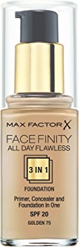 Max Factor SPF 20 Facefinity All Day Flawless 3 in 1 Foundation for Women, # 75 Golden, 1 Ounce