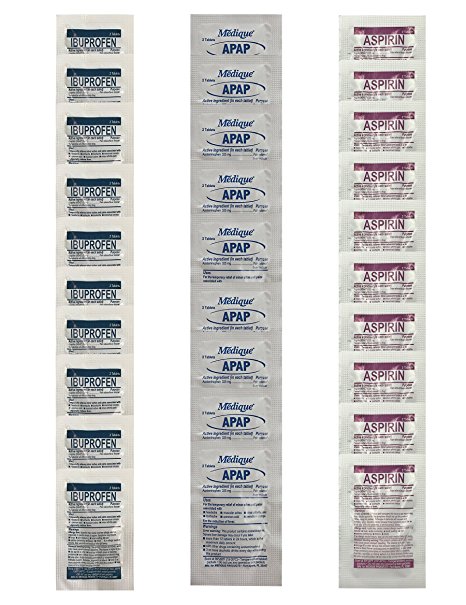 Aspirin and Non-Aspirin and Ibuprofen - Bulk First Aid Kit Medicine Refills - 30 Medication Packets Total