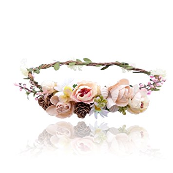 AWAYTR Bohemia Flower Crown Headband - Exquisite Pinecone Leaf Berry Flower Headband Flower Halo Wreath (Light khaki Light pink)