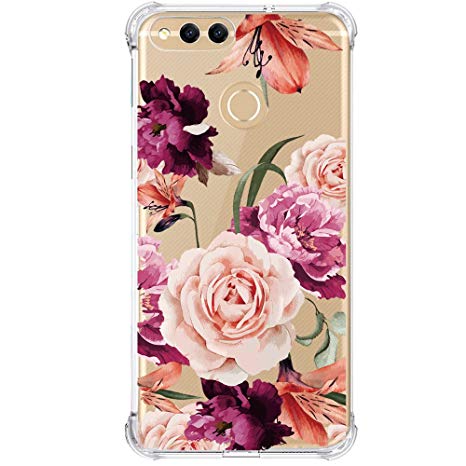 Huawei Mate SE Case,Huawei Honor 7X Case with Flower,LUOLNH Slim Shockproof Clear Floral Pattern Soft Flexible TPU Back Cover for Huawei Honor 7X (2017)/Mate SE(Purple)