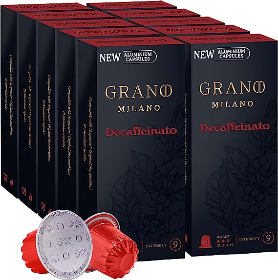 Grano Milano NEW Aluminum Decaf-100 Decaffeinato Coffee Capsules | Compatible with Nespresso Original line | Made in Italy | Medium Roast-Intensity 9/12 | Be a Barista in one touch, (100 Pods)