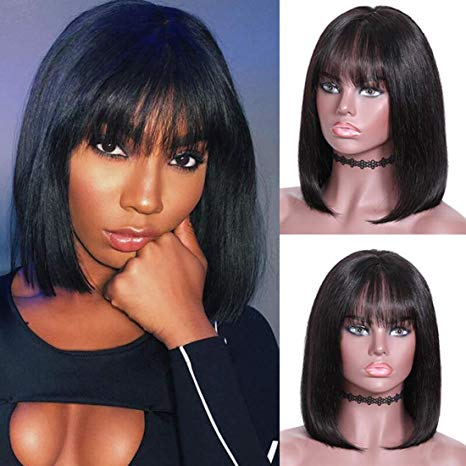 UNice Hair 13x4 Lace Front Short Bob Wigs Human Hair with Bangs, 180% Density, Brazilian Virgin Hair Straight Lace Frontal Wigs Natural Color (8 inch)