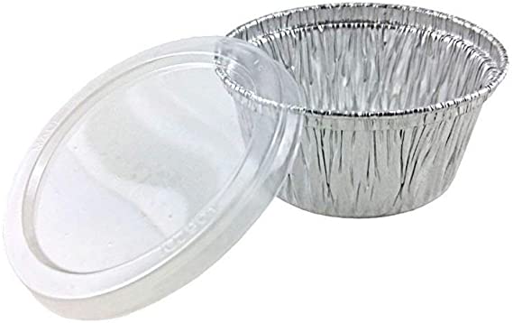 50-Pack Disposable Muffin Cups (4-oz) –With Plastic Lids- Premium Food-Grade Quality Aluminum Cupcake Tip Pan Ramekin Holders – Accommodates Hot/Cold, Cooked & Baked Food –Grease Proof and Stack-able