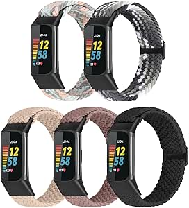 Braided Stretchy Solo Loop Compatible for Fitbit Charge 5 Bands for Women Men, Nylon Elastic Straps Wristbands for Fitbit Charge 5, 5 Packs