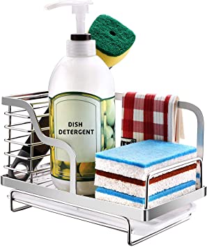 Sponge Holder For Kitchen Sink, Stainless Steel Sink Caddy, Soap Brush Caddy Organizer with Drain Pan