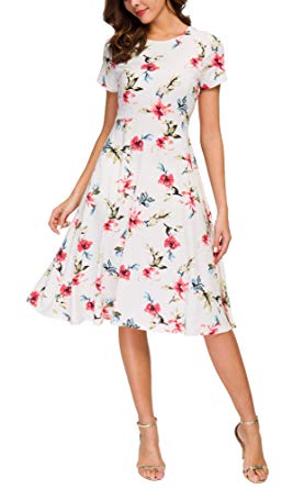 Urban CoCo Women's Floral Print Short Sleeve Flared Midi Dress