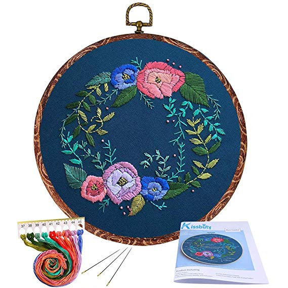 Full Range of Embroidery Starter Kit with Pattern, Kissbuty Cross Stitch Kit Including Embroidery Cloth with Rose Pattern, Imitation Wood Embroidery Hoop, Color Threads Tools Kit (Floral Hoop)