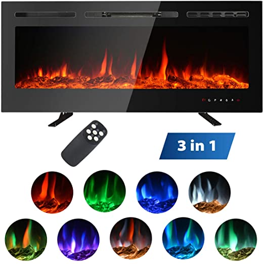 MAXXPRIME 50" Electric Fireplace, Free Standing, Recessed and Wall Mounted Fireplace Insert Heater with Touch Screen Control Panel, Faux Fire Log & Crystal Options, 9 Flamer Color, 750/1500W