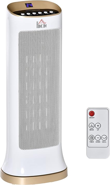 HOMCOM Chauffage d'appoint 1000W/2000W, radiateur électrique céramique, PTC chauffage électrique, LED tactile, 45° oscillation, minuterie 8H, télécommande, blanc