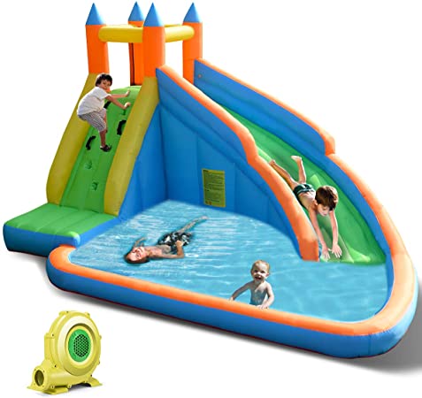 Costzon Inflatable Slide Bouncer, Water Pool with Long Slide, Climbing Wall, Including Oxford Carry Bag, Repairing Kit, Stakes, Castle Bounce House (with 950W Air Blower)