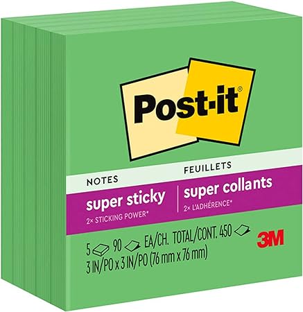 Post-it Super Sticky Notes, 3x3 in, 5 Pads, 90 Sheets/Pad, 450 Total Sheets, 2X The Sticking Power,&nbsp;Lucky Green