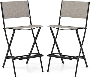 COSTWAY Outdoor Patio Bar Chair Set of 2, Folding Bar Height Stool with Metal Frame & Footrest, Patio Bar Stool for Balcony, Garden & Poolside (2, Coffee)