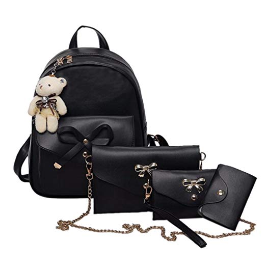Women Handbag, Hunzed Four Sets Backpack Women Girls Handbag Shoulder Bag Four Pieces Tote Crossbody Bag (Black)