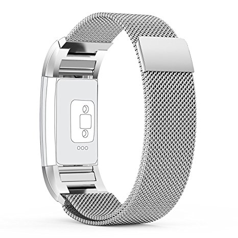 Fitbit Charge 2 Strap (6.7-8.1 inch) Large, with Unique Magnet Lock, PUGO TOP® Milanese Loop Stainless Steel Bracelet Strap Band for Fitbit Charge 2 Smart Watch No Buckle Needed (Silver)