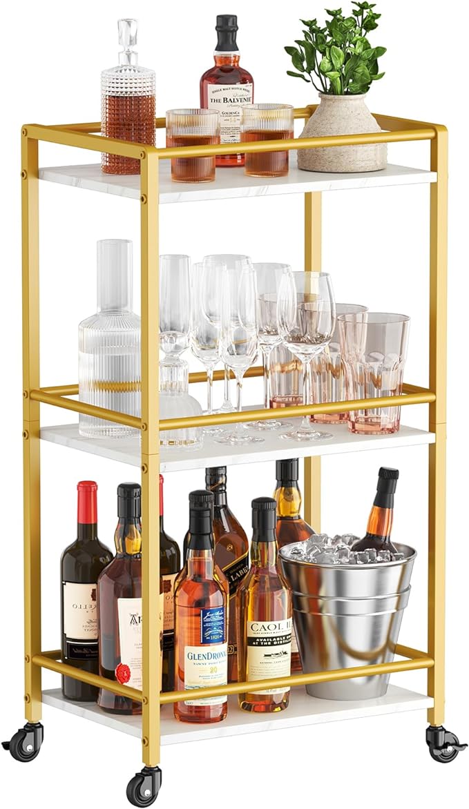 Lifewit Bar Cart for The Home, 3 Tier Small Rolling Wine Cart, Drink Serving Cart with Lockable Wheels, Mini Liquor Utility Cart for Kitchen Dining Living Room, 17" x 11.8" x 29.9", Gold