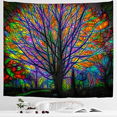 IcosaMro Colorful Tree Tapestry Wall Hanging- Forest Wall Decor, Psychedelic Bohemian Hippie Wall Hanging Blanket for Bedroom Living Room College Dorm (51x60,Hemmed Edges)
