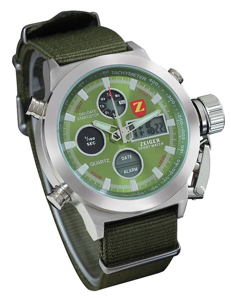 Zeiger Mens Unusual Vietnam Military Sport Wrist Watch Forces Marine Corps Swiss Army Big face for Boyfriend Dual Time Nylon BandGreen