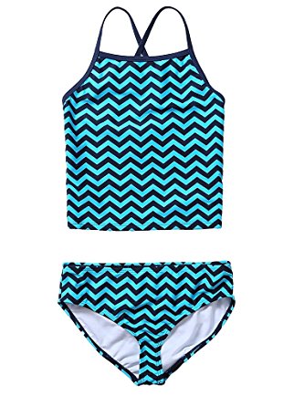 Attraco Little Big Girls Rainbow Wave Stripe Two Piece Swimsuit Cute Tankini Set