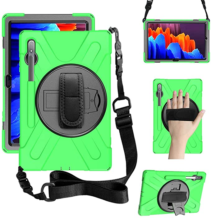 ZenRich Galaxy Tab S7 Plus Case 12.4 inch 2020, zenrich SM-T970/T975/T976 Case with S Pen Holder Heavy Duty Shockproof Rugged Case with Stand Hand Strap Shoulder Belt for Tab S7  12.4 Inch-Green