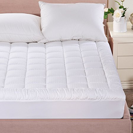 Queen Size Hypoallergenic Fitted Quilted Mattress Pad Topper By Merous - Stretches up to 18 Inches Deep