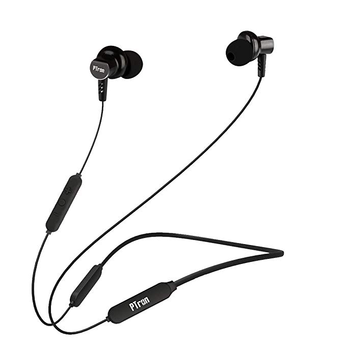 PTron Zap in-Ear Wireless Bluetooth Earphones with Mic, Qualcomm Bluetooth 5.0 Chipset, Deep Bass, Sweatproof Headphones with 22 Hours Long Music Playtime, Lightweight Flexible Headset (Black)