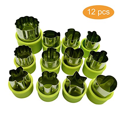 Vegetable Cutters Shapes Set, 12pcs Stainless Steel Mini Cookie Cutters, Vegetable Cutter and Fruit Mold Cheese Presses Cute Cartoon Animals Flower Star Shape Heart Stamps Decorating Tools for Kids