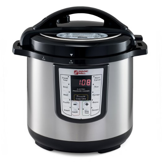 Magic Mill Programmable Electric Pressure Cooker Multi-function for Cooking, Stewing, Braising, Simmering, Sautéing with Steam rack, Measuring Cup and Spoon. 1200 w (8 QT)