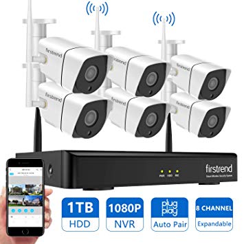 Wireless Security Camera System, Firstrend 8CH 1080P NVR Security Camera System with 6pcs 1.3MP IP Security Camera with 65ft Night Vision and HD Live Video, P2P Home Security Camera System