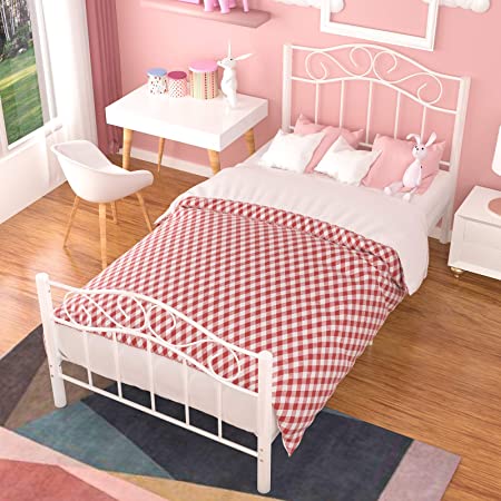mecor Twin XL Curved Metal Bed Frame - Princess White Platform Bed Frame with Vintage Headboard Footboard - Mattress Foundation for Kids Girls Boys - White, Twin XL
