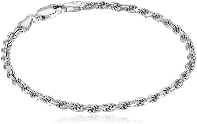 Amazon Essentials Gold or Rhodium Plated Sterling Silver Diamond-Cut Rope Chain Link Bracelet