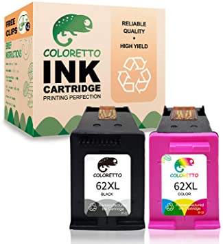 Coloretto Re-Manufactured Printer Ink Cartridge Replacement for HP 62 62XL 62 XL，Ink Level Display for Envy 5540, 5542,5640, 5642,Officejet 200c 250 258 5742 5743 5744（1 Black 1 Tri-Color）