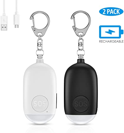 (2020 Upgraded New Version) Safe Sound Personal Alarm, 130dB Rechargeable Safesound Security Alarm Keychain, Emergency Self Defense Alarm with LED Light, for Kids, Women, Elderly (2 Pack-White&Black)