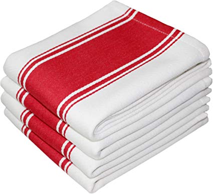 COTTON CRAFT - 4 Pack Wrinkle Resistant Superior Finish - 100% Pure Cotton - Twill Stripe - Kitchen Towels 20x28 - Red - Easy Care Machine Wash
