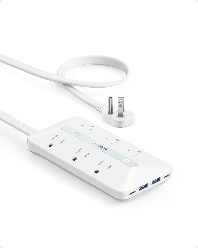 Flat Plug Power Strip, Anker USB C Power Strip, 10-in-1 Ultra Thin Power Strip with 6 AC, 2 USB A and 2 USB C Ports,5ft Extension Cord, Desk Charging Station,Home Office College Dorm Room Essentials