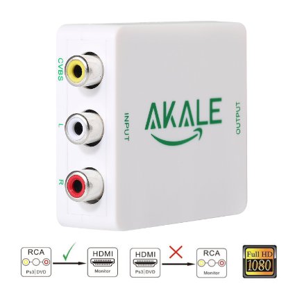 Akale RCA Composite CVBS AV to HDMI Video Audio Converter Adapter Mini Box Support 1080P for TV/PC/PS3/Blue-Ray DVD,White