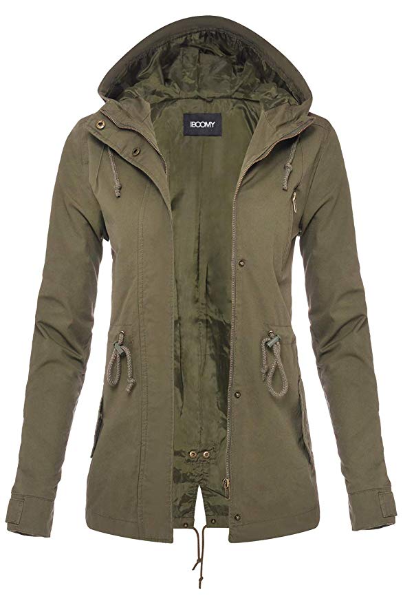 FASHION BOOMY Women's Zip Up Safari Military Anorak Jacket with Hood Drawstring - Regular and Plus Sizes