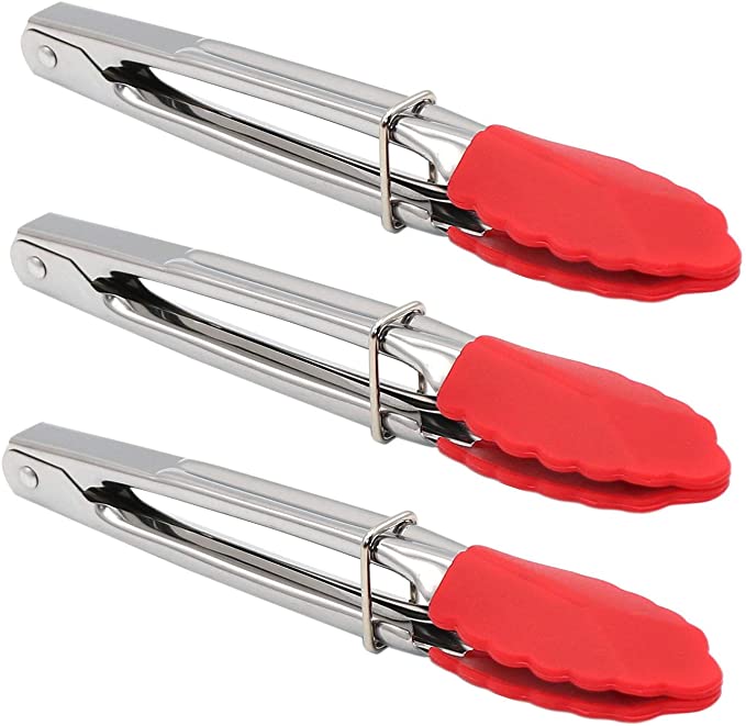 SODIAL Small Tongs with Silicone Tips 7 Inch Kitchen Tongs – Set of 3 - Perfect for Serving Food, Cooking, Salad, Grilling Red