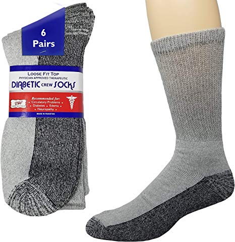 Debra Weitzner Diabetic Socks Mens Womens Non-Binding Cushion Socks Reinforced Heel Cotton 6 Pack Crew Grey/Black Sole 9-11