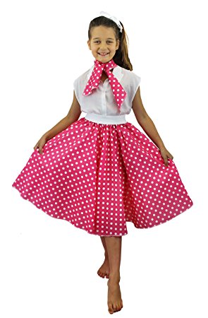 DELUXE CHILDS ROCK N ROLL SKIRT FANCY DRESS COSTUME SET 26 INCHES LONG (66CM) POLKA DOT 50'S SKIRT WITH NECK SCARF COLOURED ROCK AND ROLL SWING OUTFIT CHILD (PINK WITH WHITE DOTS)