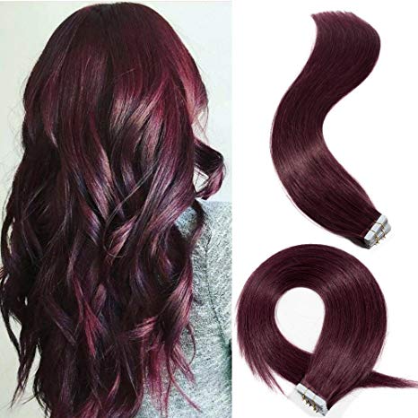 16 Inch 40pcs 100g Remy Tape in Hair Extensions Human Hair 99J Wine Red Straight Hair Seamless Skin Weft Invisible Double Sided Tape Burgundy …