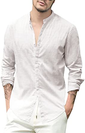 Makkrom Mens Long Sleeve Shirts Linen Cotton Button Up Loose Summer Beach Yoga Shirt